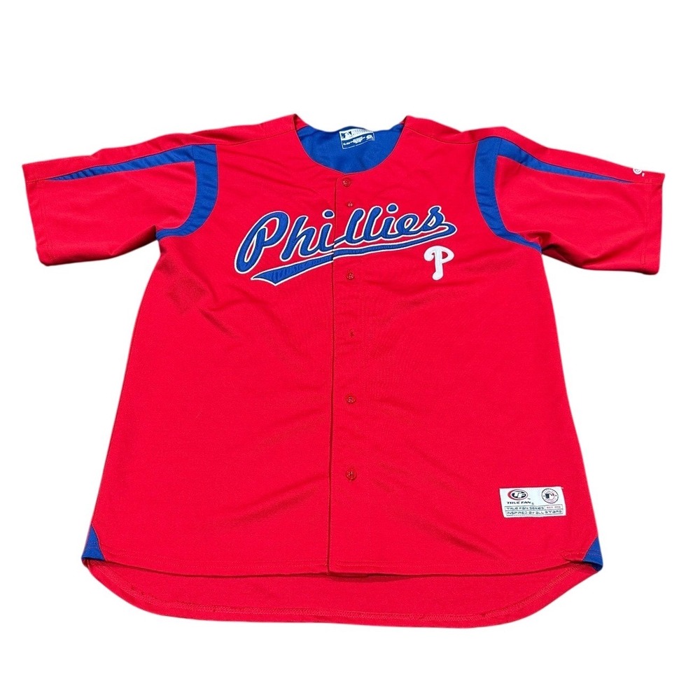 True Fan MLB Philadelphia Phillies Baseball Jersey Red Mens XL Button Front